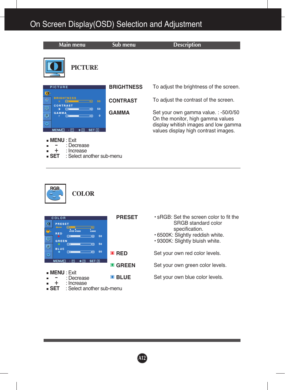 Picture, Color, On screen display(osd) selection and adjustment | LG L227WTG-PF User Manual | Page 13 / 23