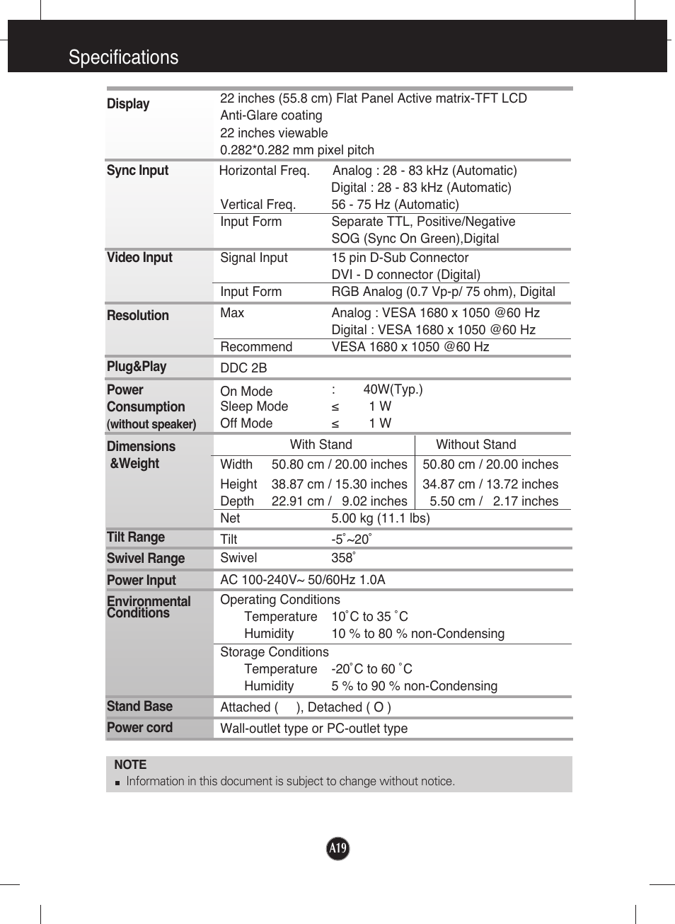 Specifications | LG L227WTG-PF User Manual | Page 20 / 23