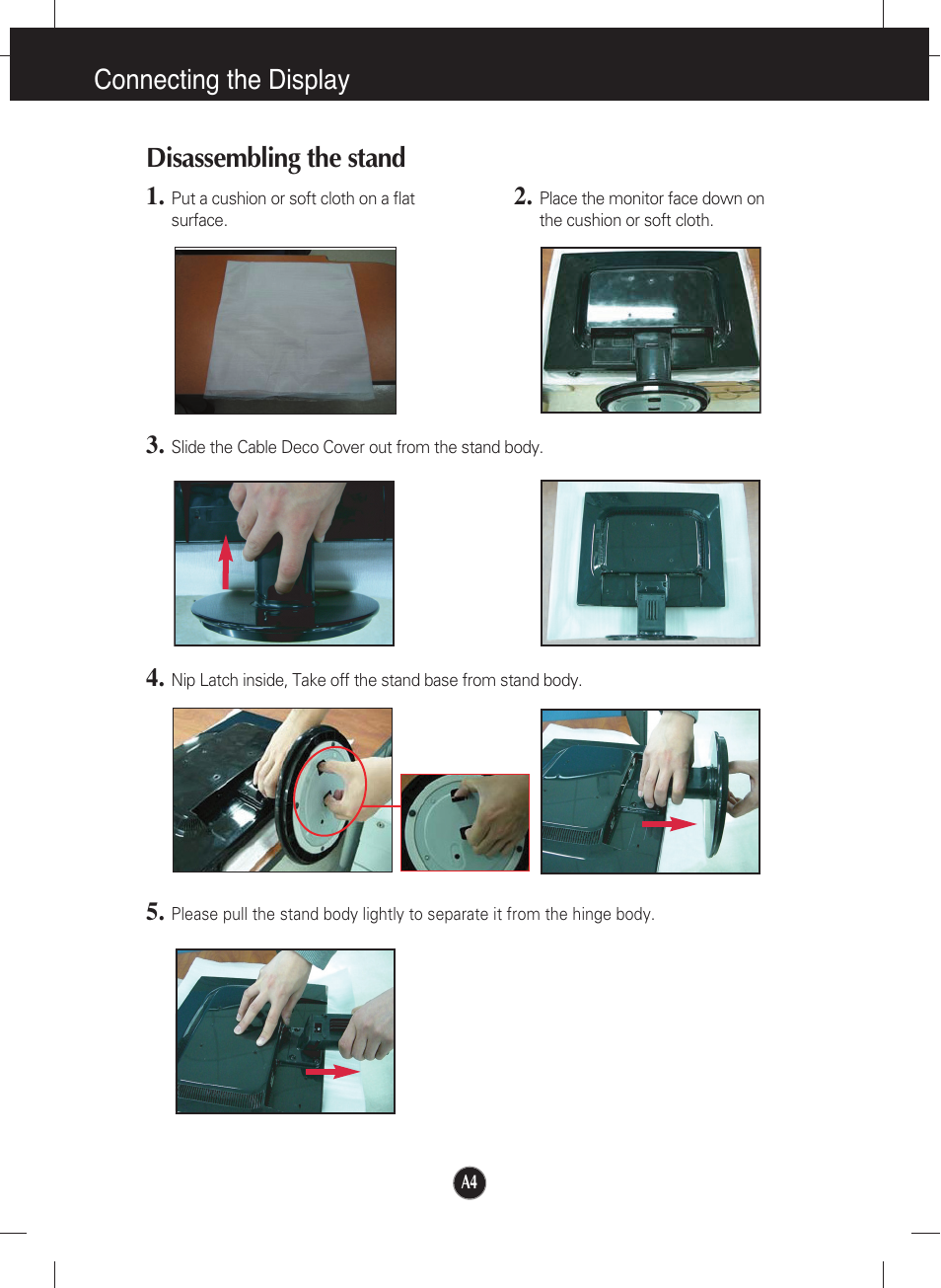 Disassembling the stand, Connecting the display disassembling the stand | LG L227WTG-PF User Manual | Page 5 / 23