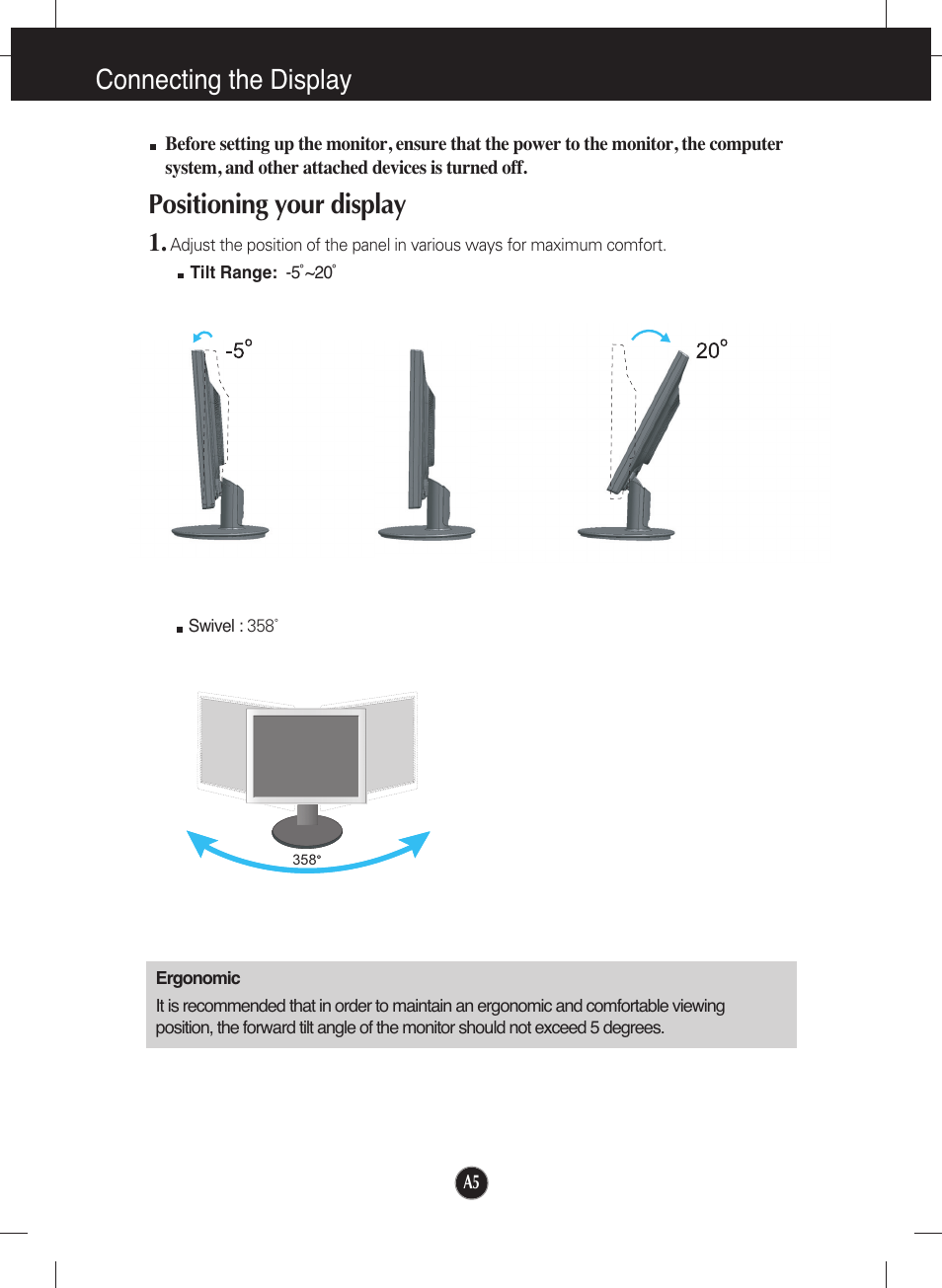 Positioning your display, Connecting the display | LG L227WTG-PF User Manual | Page 6 / 23