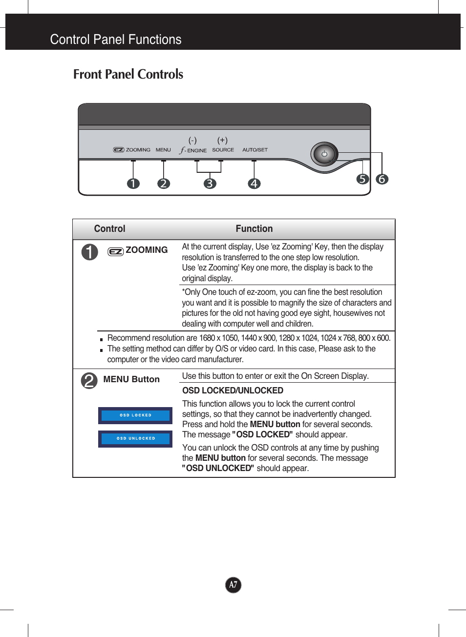 Control panel functions, Front panel controls | LG L227WTG-PF User Manual | Page 8 / 23