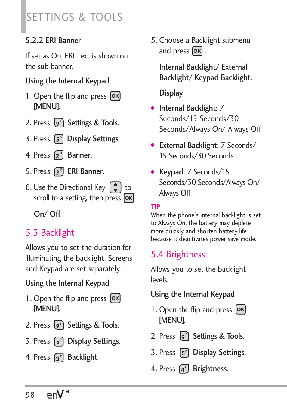 Settings & tools, 3 backlight, 4 brightness | LG LGVX9200 User Manual | Page 100 / 317