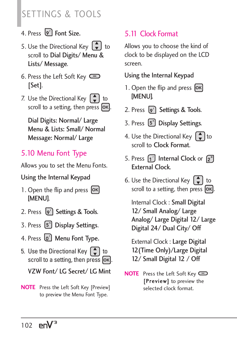 Settings & tools, 10 menu font type, 11 clock format | LG LGVX9200 User Manual | Page 104 / 317