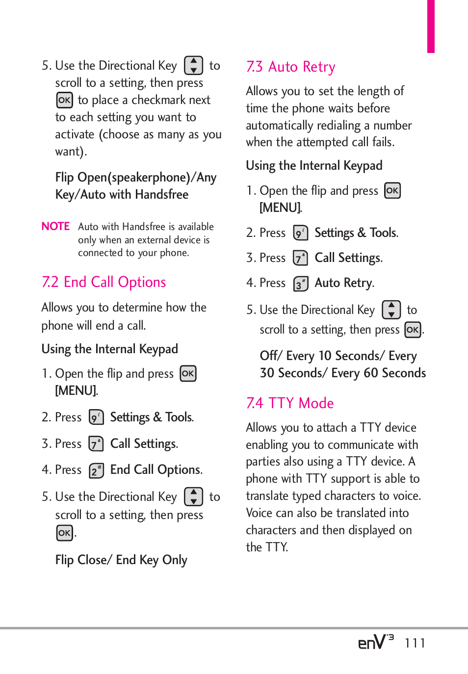 2 end call options, 3 auto retry, 4 tty mode | LG LGVX9200 User Manual | Page 113 / 317