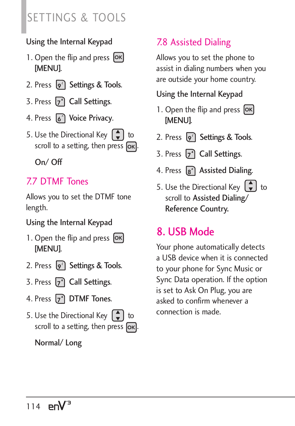 Settings & tools, Usb mode, 7 dtmf tones | 8 assisted dialing | LG LGVX9200 User Manual | Page 116 / 317