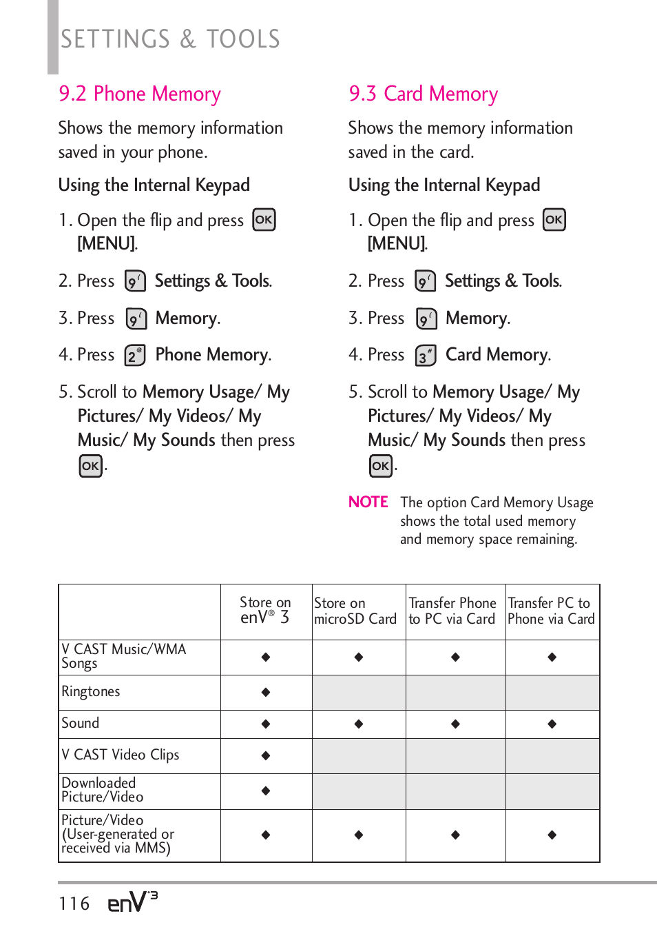 Settings & tools, Using the internal keypad, Menu | LG LGVX9200 User Manual | Page 118 / 317