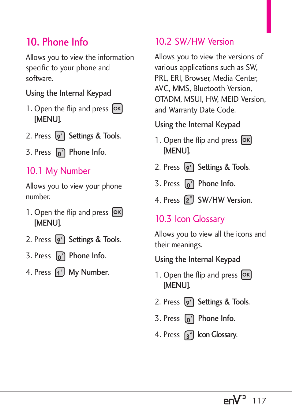 Phone info, 1 my number, 2 sw/hw version | 3 icon glossary | LG LGVX9200 User Manual | Page 119 / 317