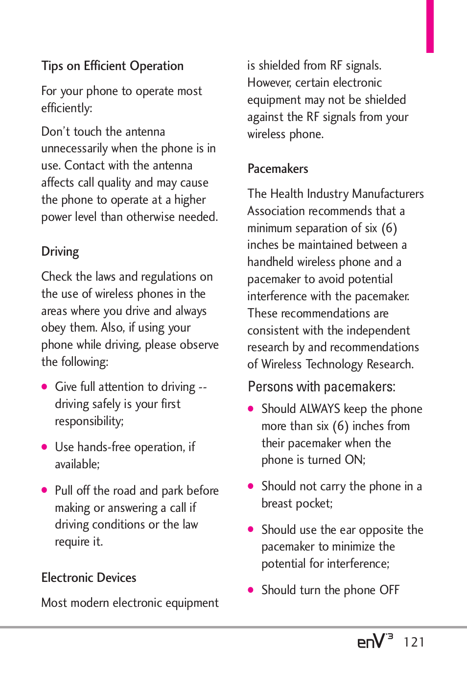 Persons with pacemakers, Tips on efficient operation, Driving | Electronic devices, Pacemakers | LG LGVX9200 User Manual | Page 123 / 317