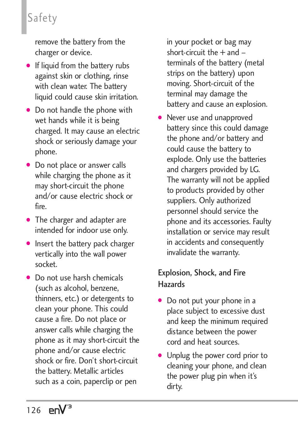 Safety, Explosion, shock, and fire hazards | LG LGVX9200 User Manual | Page 128 / 317