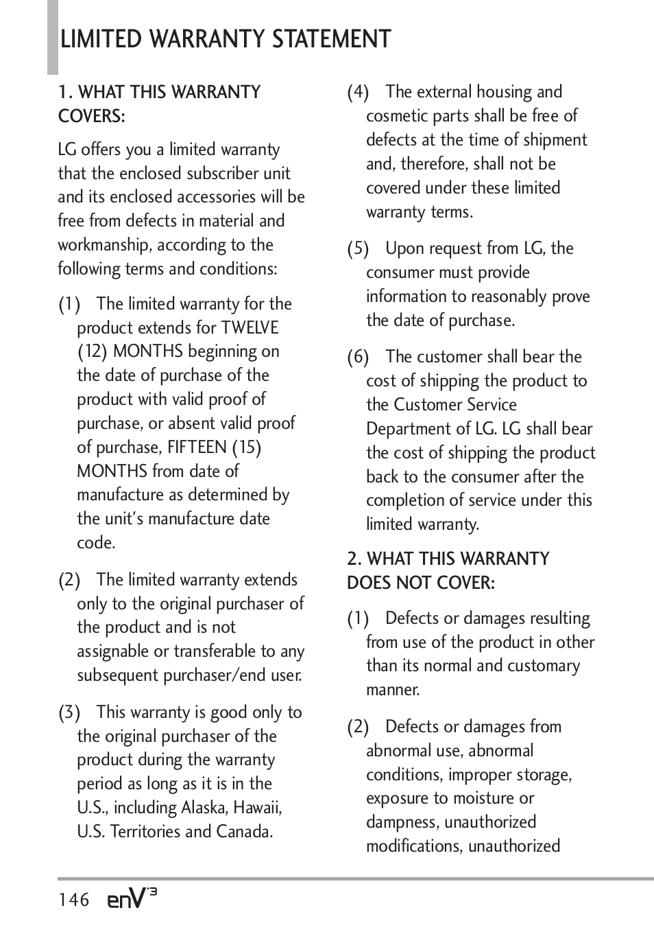 Limited warranty statement | LG LGVX9200 User Manual | Page 148 / 317