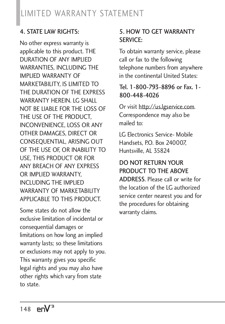 Limited warranty statement | LG LGVX9200 User Manual | Page 150 / 317