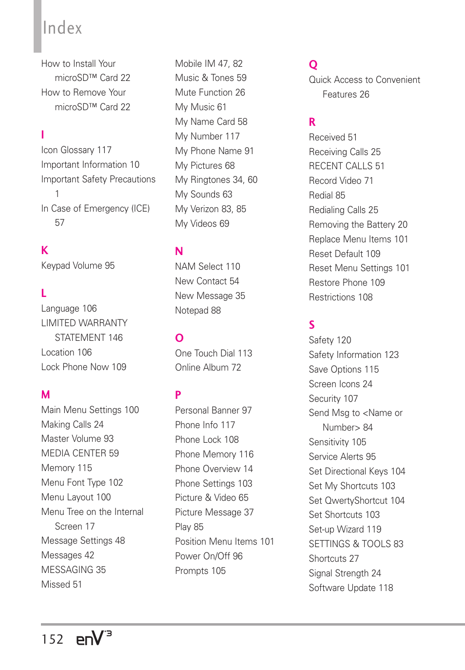 Index | LG LGVX9200 User Manual | Page 154 / 317