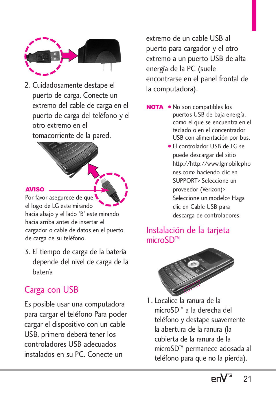 Carga con usb, Instalación de la tarjeta microsd | LG LGVX9200 User Manual | Page 176 / 317