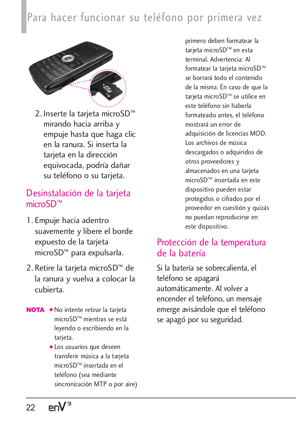 Para hacer funcionar su teléfono por primera vez, Desinstalación de la tarjeta microsd, Protección de la temperatura de la batería | Inserte la tarjeta microsd, Para expulsarla. 2. retire la tarjeta microsd, De la ranura y vuelva a colocar la cubierta | LG LGVX9200 User Manual | Page 177 / 317