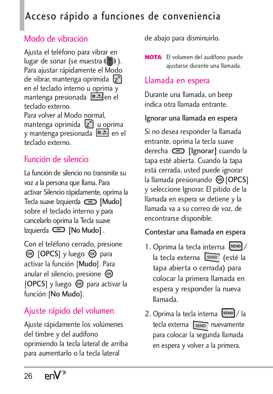 Acceso rápido a funciones de conveniencia, Modo de vibración, Función de silencio | Ajuste rápido del volumen, Llamada en espera | LG LGVX9200 User Manual | Page 181 / 317