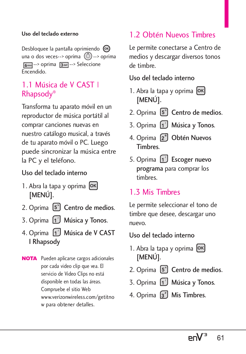 1 música de v cast | rhapsody, 2 obtén nuevos timbres, 3 mis timbres | LG LGVX9200 User Manual | Page 216 / 317