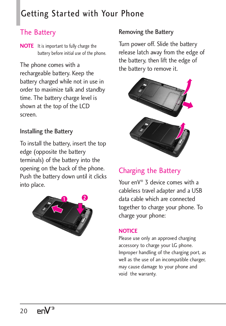 Getting started with your phone, The battery, Charging the battery | LG LGVX9200 User Manual | Page 22 / 317