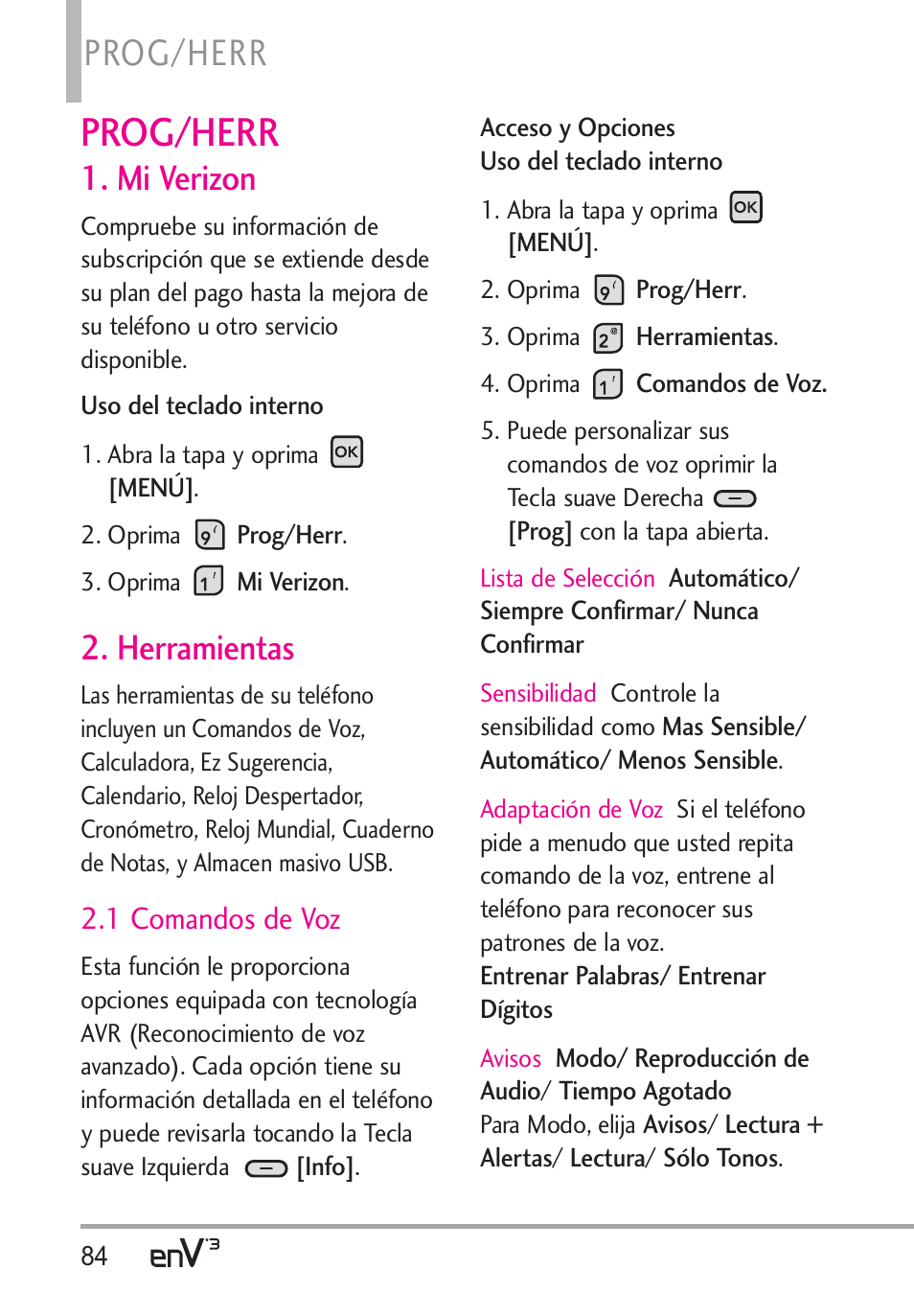 Prog/herr, Mi verizon, Herramientas | 1 comandos de voz | LG LGVX9200 User Manual | Page 239 / 317