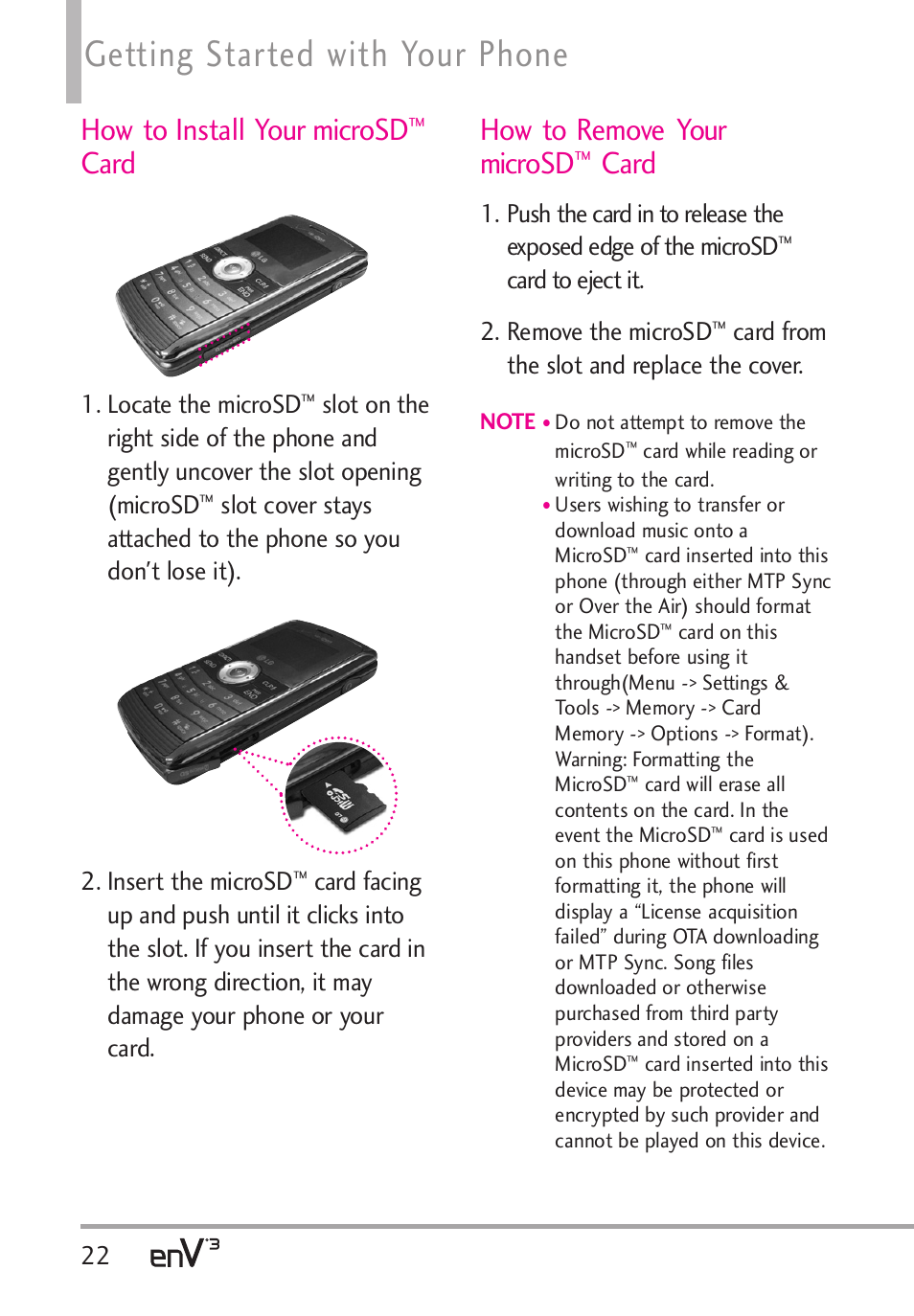 Getting started with your phone, How to install your microsd, Card | How to remove your microsd, Locate the microsd, Card to eject it. 2. remove the microsd, Card from the slot and replace the cover | LG LGVX9200 User Manual | Page 24 / 317