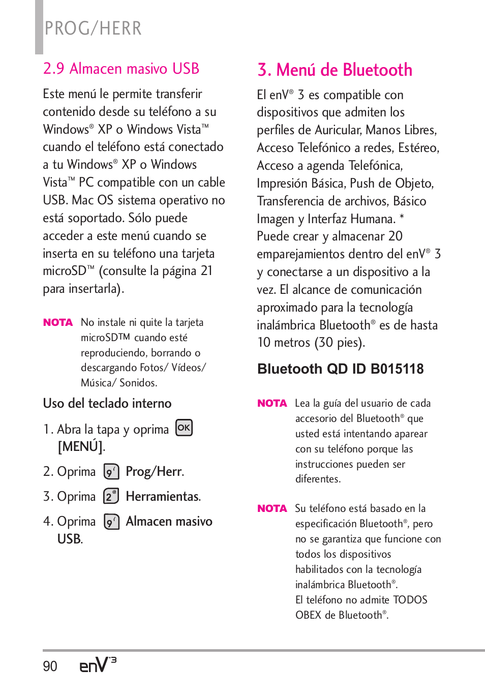 Prog/herr, Menú de bluetooth, 9 almacen masivo usb | Uso del teclado interno, Menú, Herramientas, Almacen masivo usb | LG LGVX9200 User Manual | Page 245 / 317