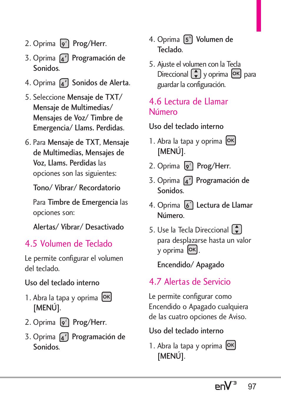 5 volumen de teclado, 6 lectura de llamar número, 7 alertas de servicio | LG LGVX9200 User Manual | Page 252 / 317