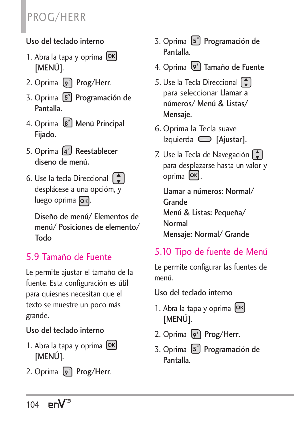 Prog/herr, 9 tamaño de fuente, 10 tipo de fuente de menú | LG LGVX9200 User Manual | Page 259 / 317