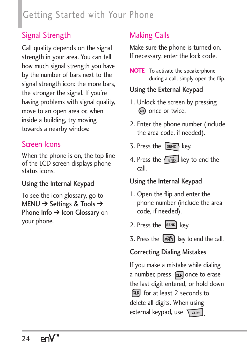 Getting started with your phone, Signal strength, Screen icons | Making calls | LG LGVX9200 User Manual | Page 26 / 317