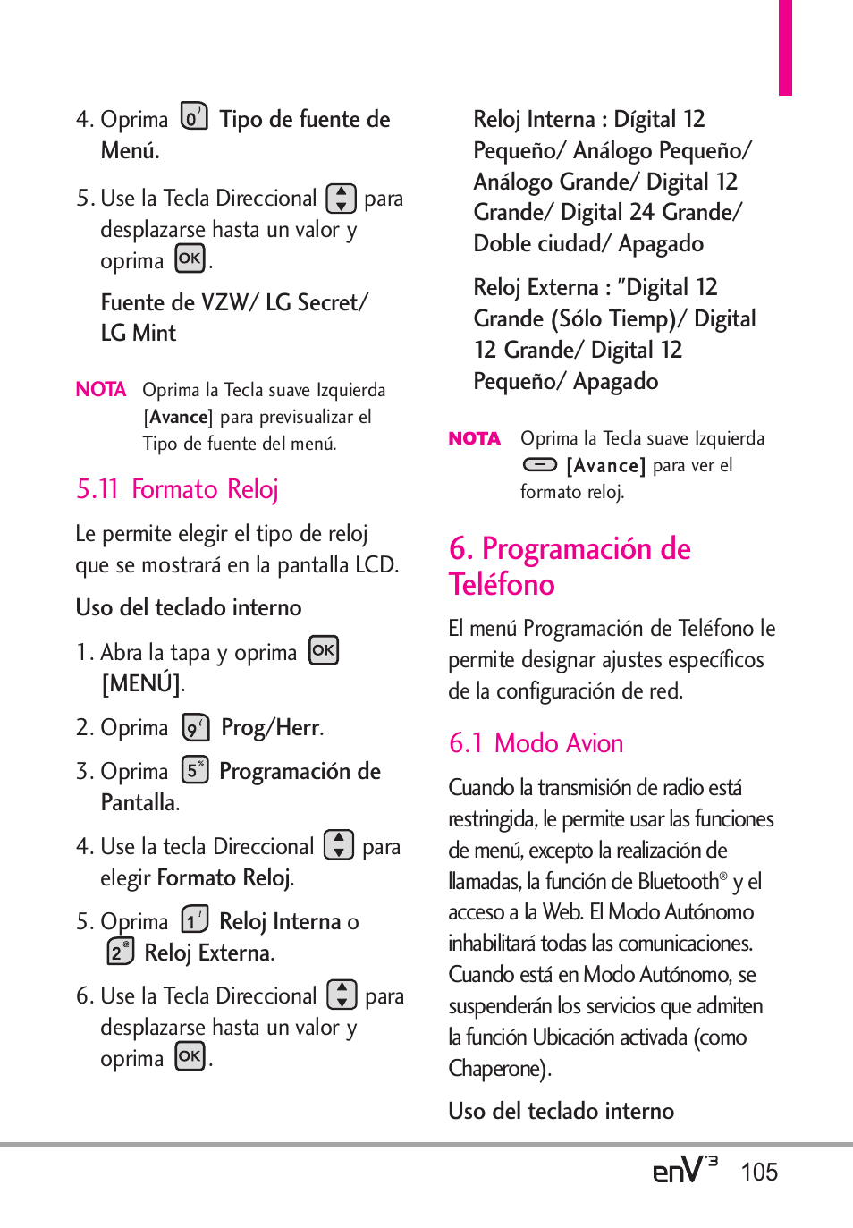 Programación de teléfono, 11 formato reloj, 1 modo avion | LG LGVX9200 User Manual | Page 260 / 317