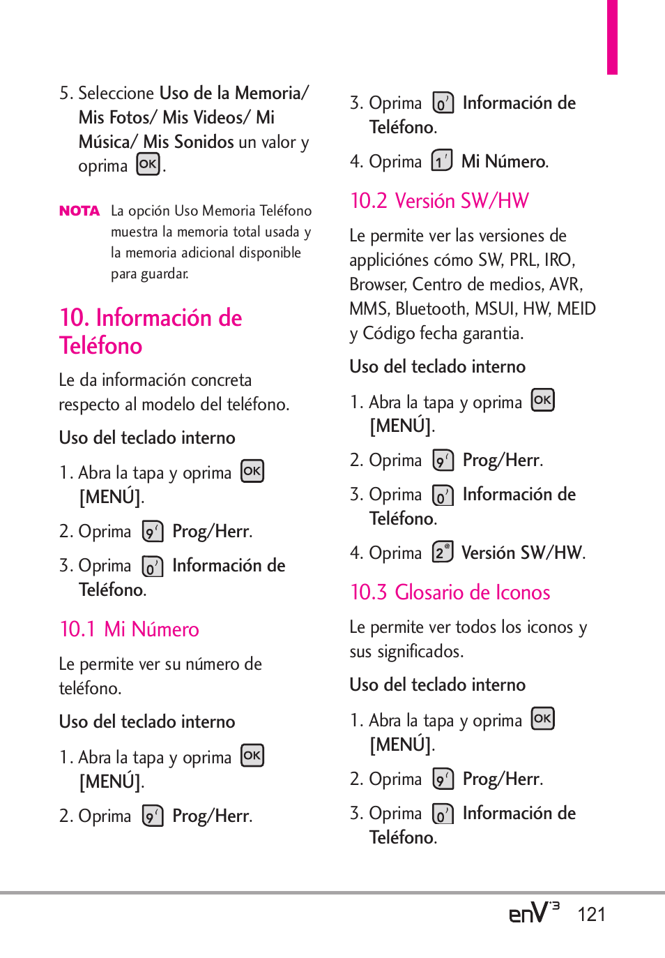 Información de teléfono, 1 mi número, 2 versión sw/hw | 3 glosario de iconos | LG LGVX9200 User Manual | Page 276 / 317