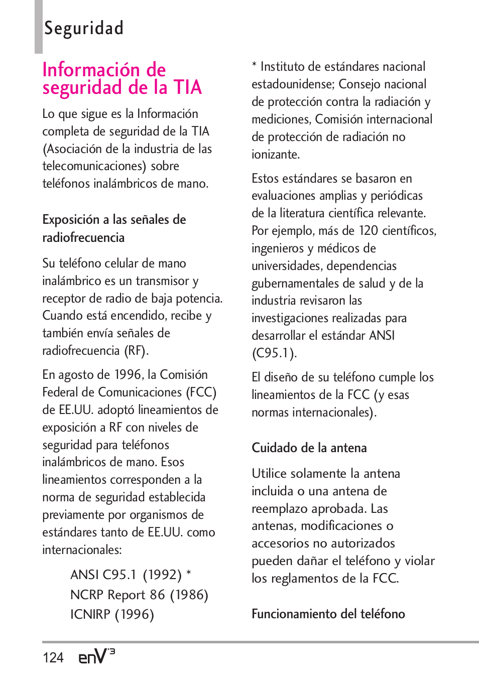 Información de seguridad de la tia, Seguridad | LG LGVX9200 User Manual | Page 279 / 317