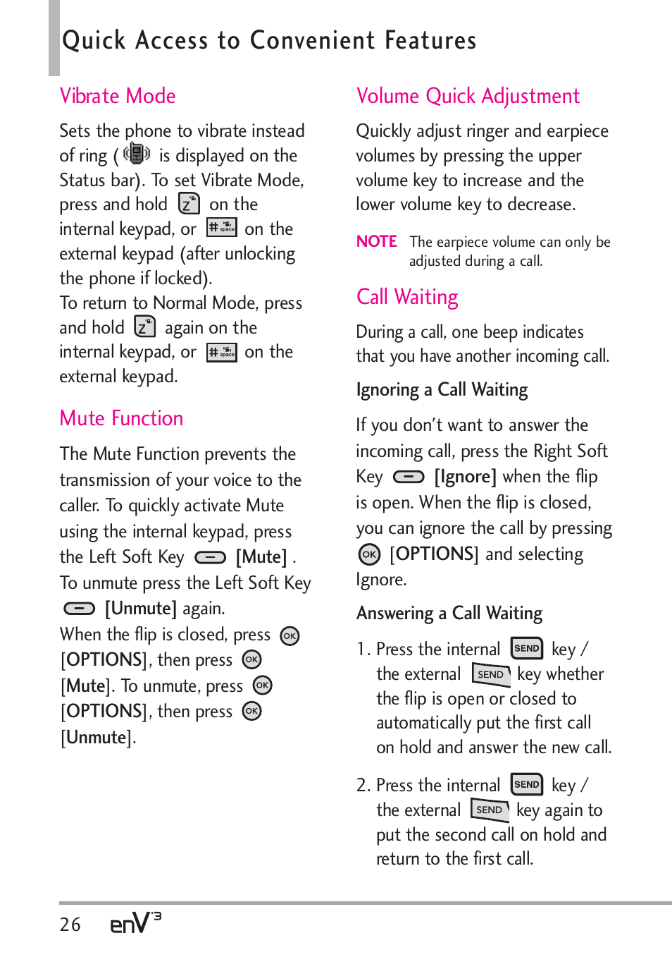 Quick access to convenient features, Vibrate mode, Mute function | Volume quick adjustment, Call waiting | LG LGVX9200 User Manual | Page 28 / 317