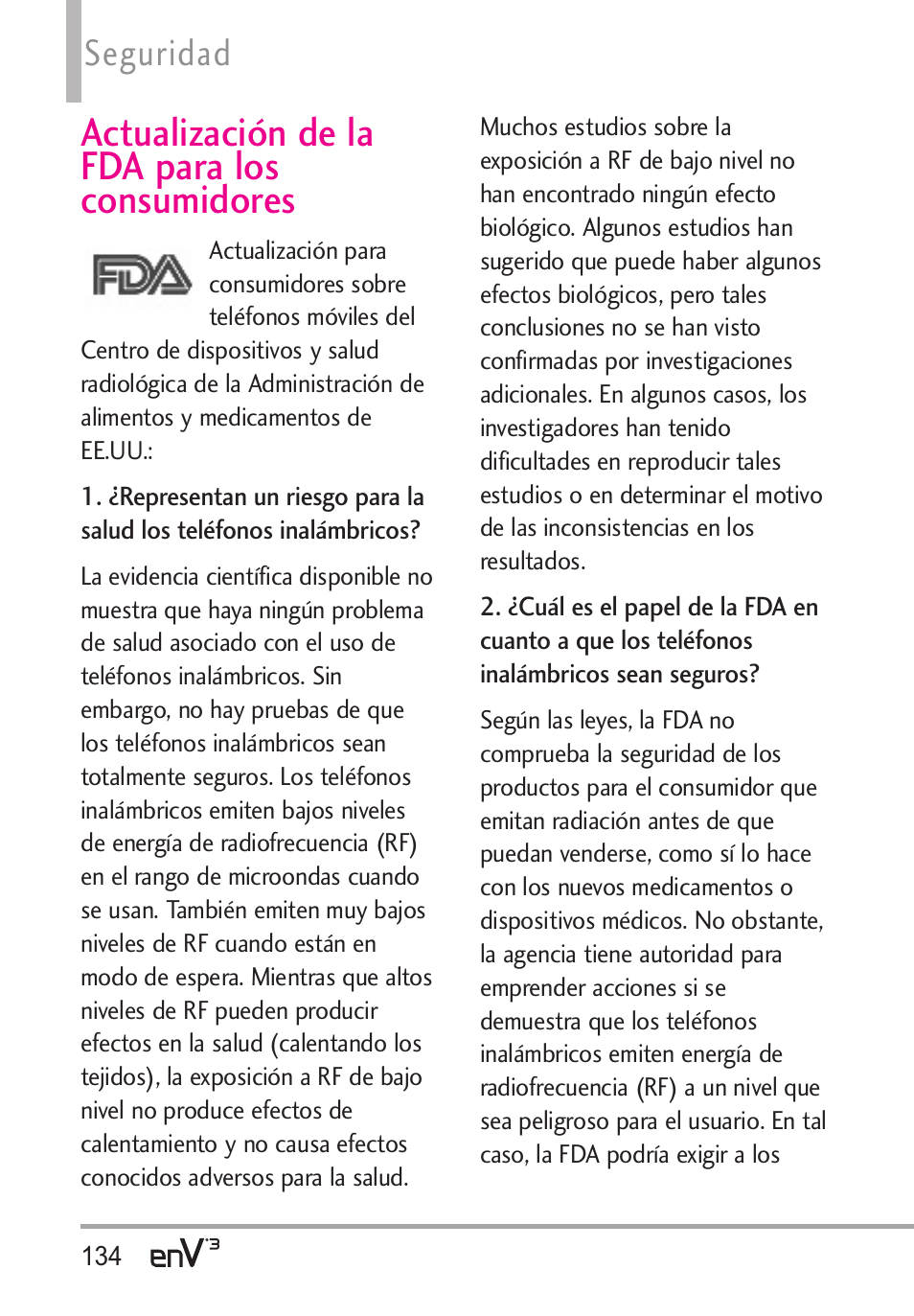 Actualización de la fda para los consumidores, Seguridad | LG LGVX9200 User Manual | Page 289 / 317