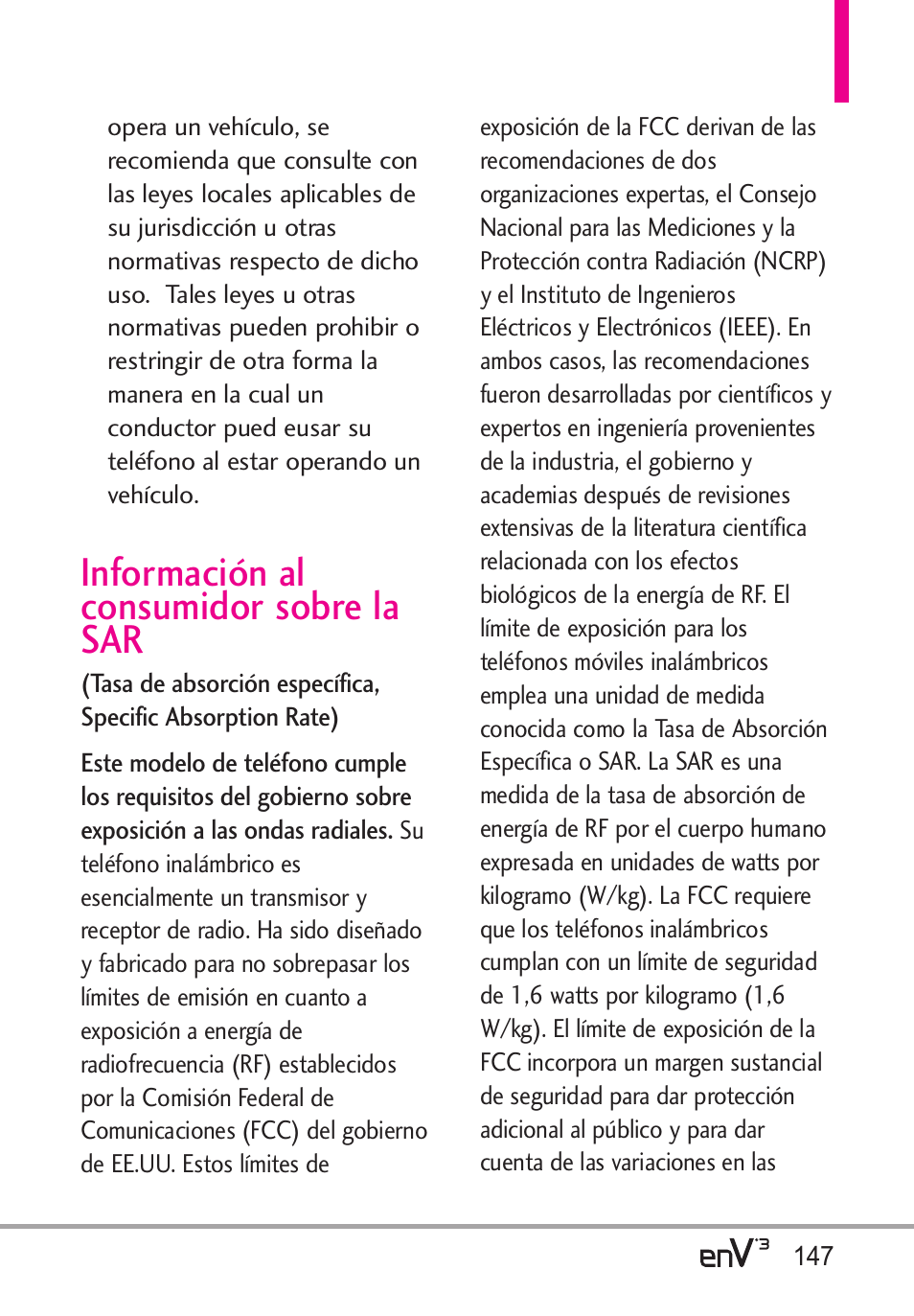 Información al consumidor sobre la sar | LG LGVX9200 User Manual | Page 302 / 317