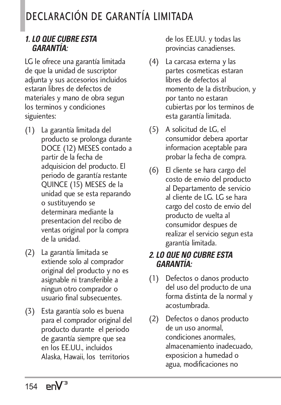 Declaración de garantía limitada | LG LGVX9200 User Manual | Page 309 / 317