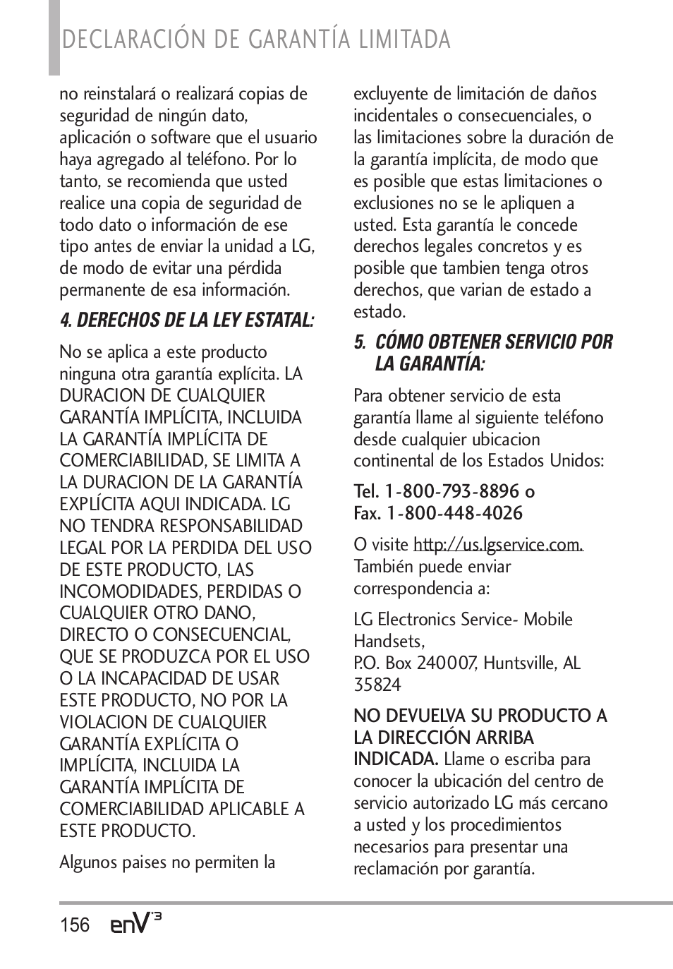 Declaración de garantía limitada | LG LGVX9200 User Manual | Page 311 / 317