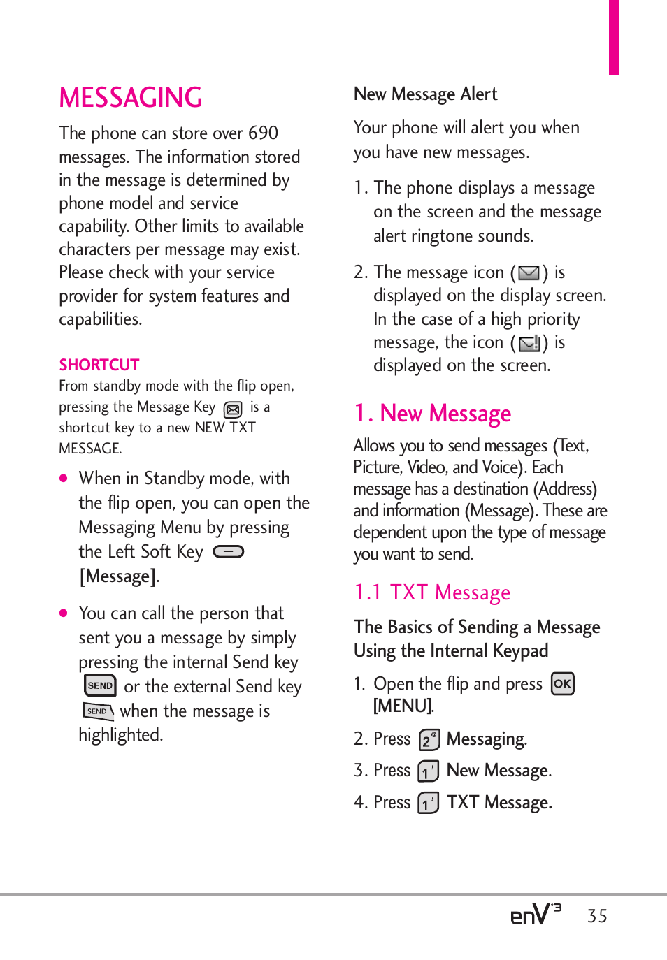 Messaging, New message, 1 txt message | LG LGVX9200 User Manual | Page 37 / 317