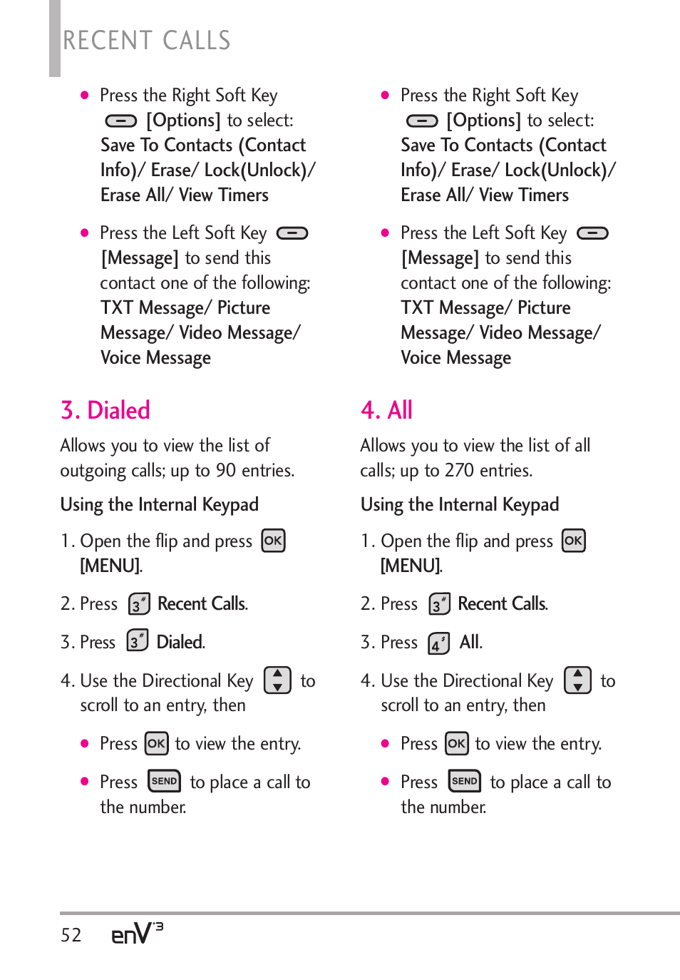 Recent calls, Dialed | LG LGVX9200 User Manual | Page 54 / 317