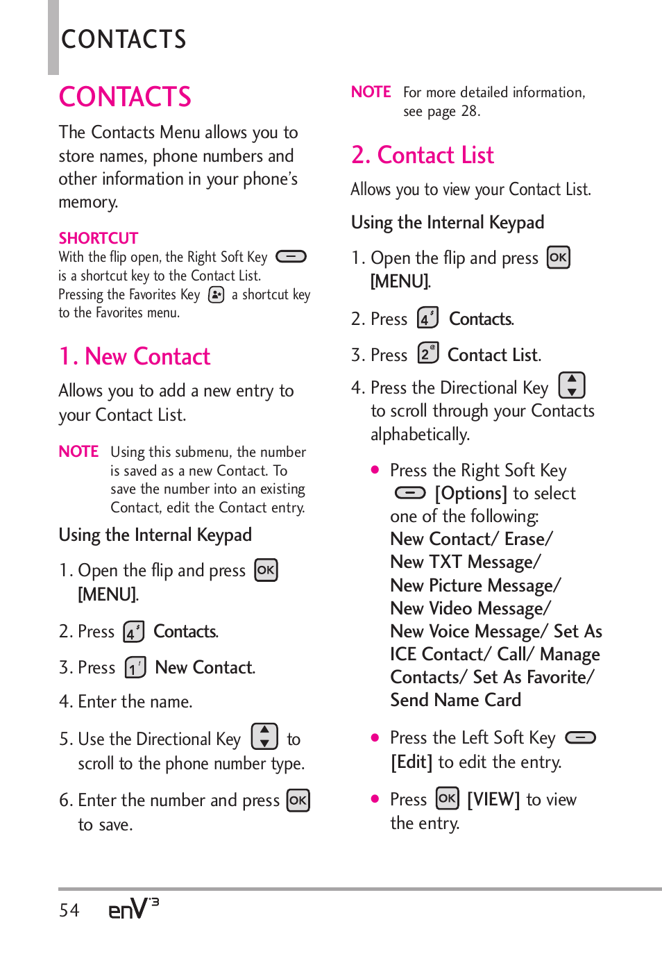 Contacts, New contact, Contact list | LG LGVX9200 User Manual | Page 56 / 317