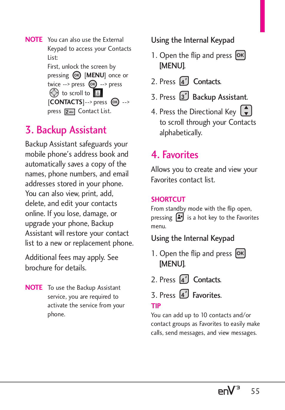 Backup assistant, Favorites | LG LGVX9200 User Manual | Page 57 / 317