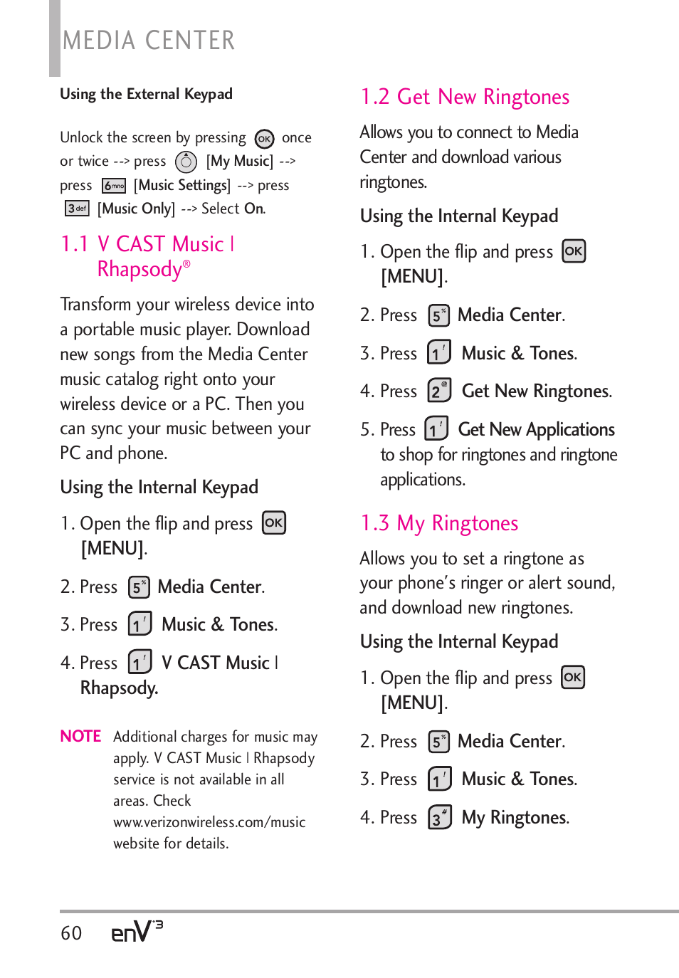 Media center, 1 v cast music | rhapsody, 2 get new ringtones | 3 my ringtones | LG LGVX9200 User Manual | Page 62 / 317