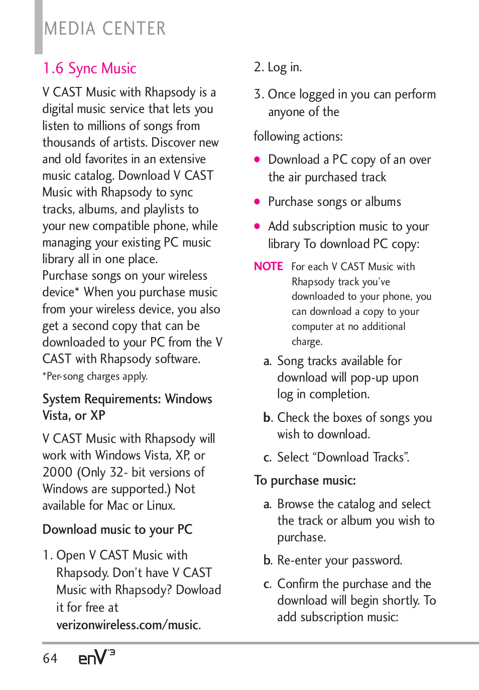 Media center, 6 sync music | LG LGVX9200 User Manual | Page 66 / 317