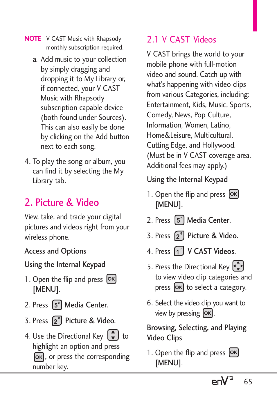 Picture & video, 1 v cast videos | LG LGVX9200 User Manual | Page 67 / 317