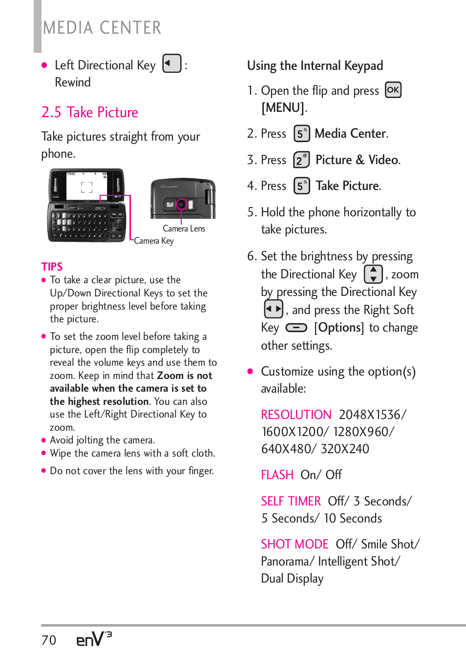 Media center, 5 take picture | LG LGVX9200 User Manual | Page 72 / 317