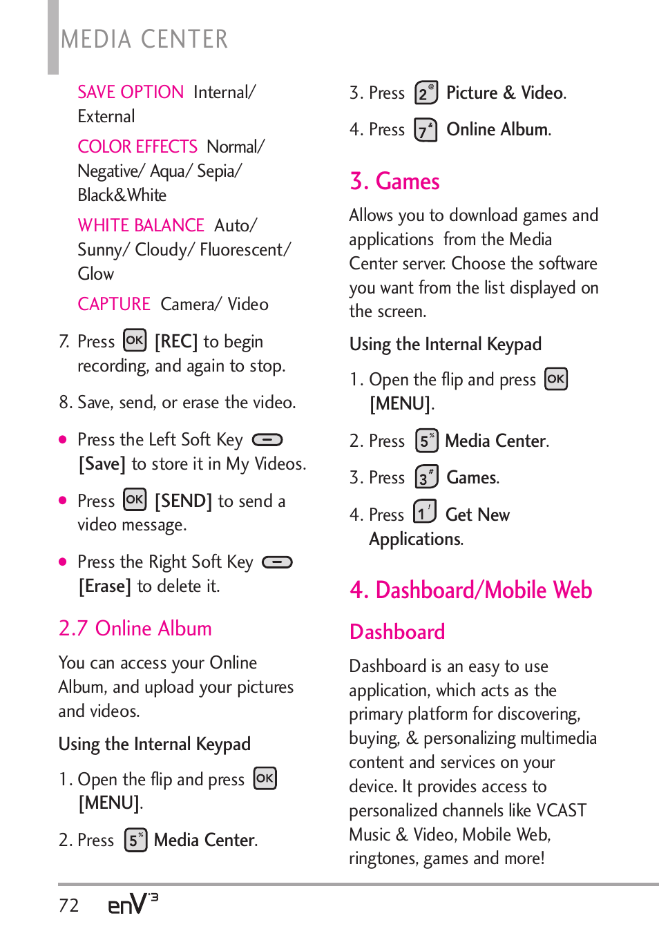 Media center, Games, Dashboard/mobile web | 7 online album, Dashboard | LG LGVX9200 User Manual | Page 74 / 317