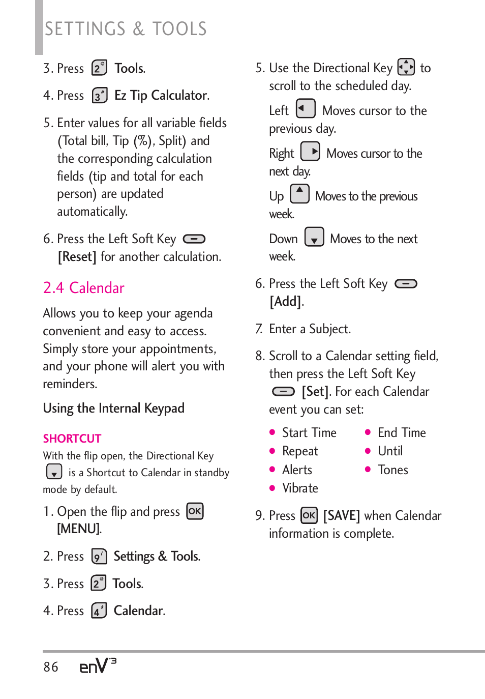 Settings & tools, 4 calendar | LG LGVX9200 User Manual | Page 88 / 317