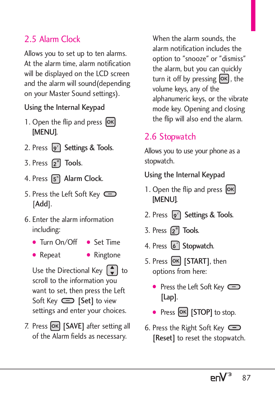 5 alarm clock, 6 stopwatch | LG LGVX9200 User Manual | Page 89 / 317