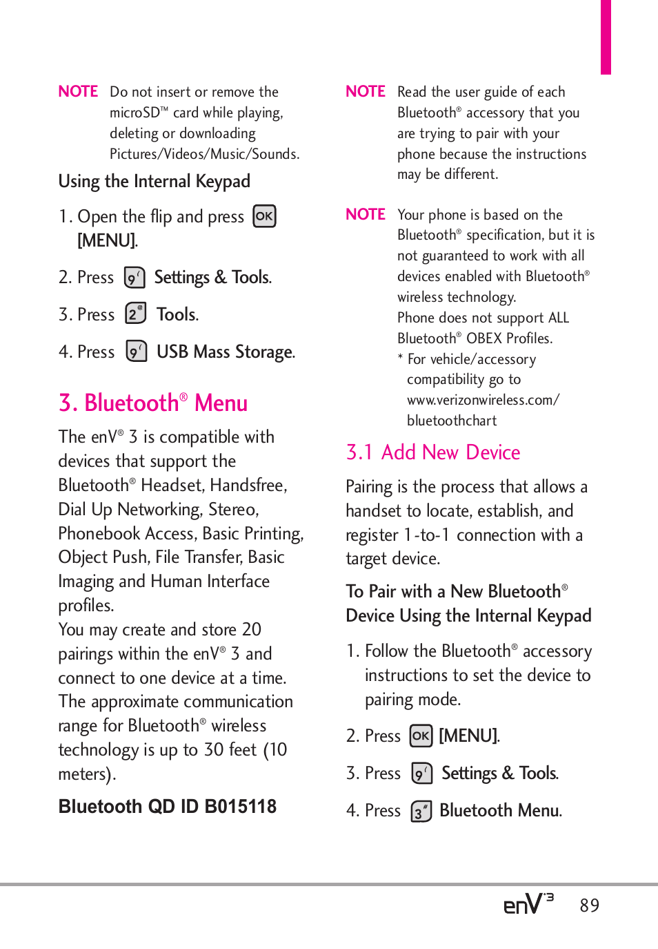 Bluetooth, 1 add new device, Using the internal keypad | Menu, Settings & tools, Tools, Usb mass storage, Device using the internal keypad, Bluetooth menu | LG LGVX9200 User Manual | Page 91 / 317