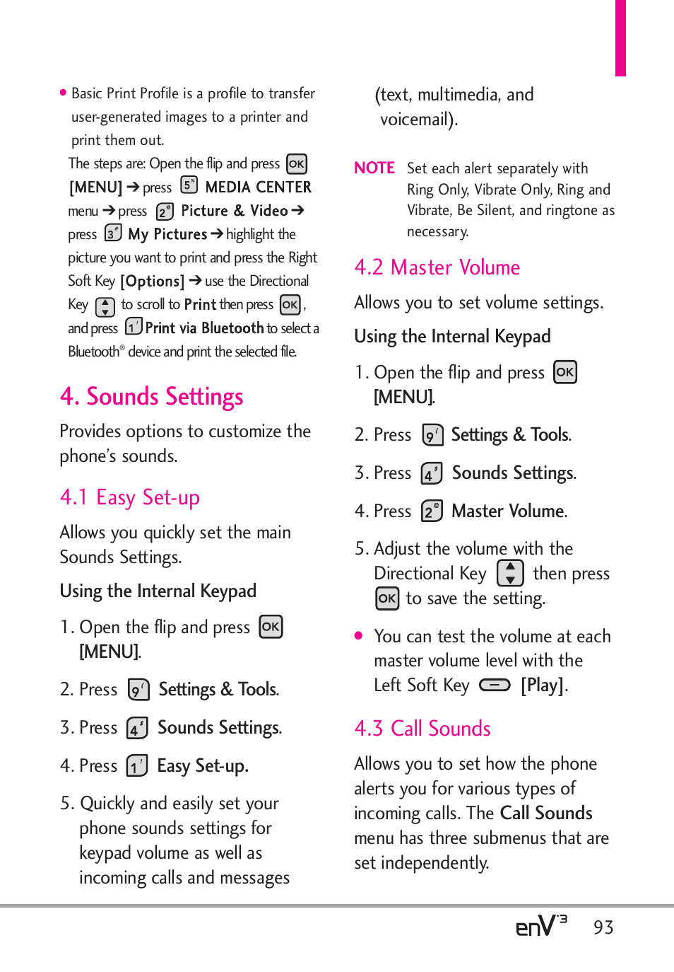 Sounds settings, 1 easy set-up, 2 master volume | 3 call sounds | LG LGVX9200 User Manual | Page 95 / 317