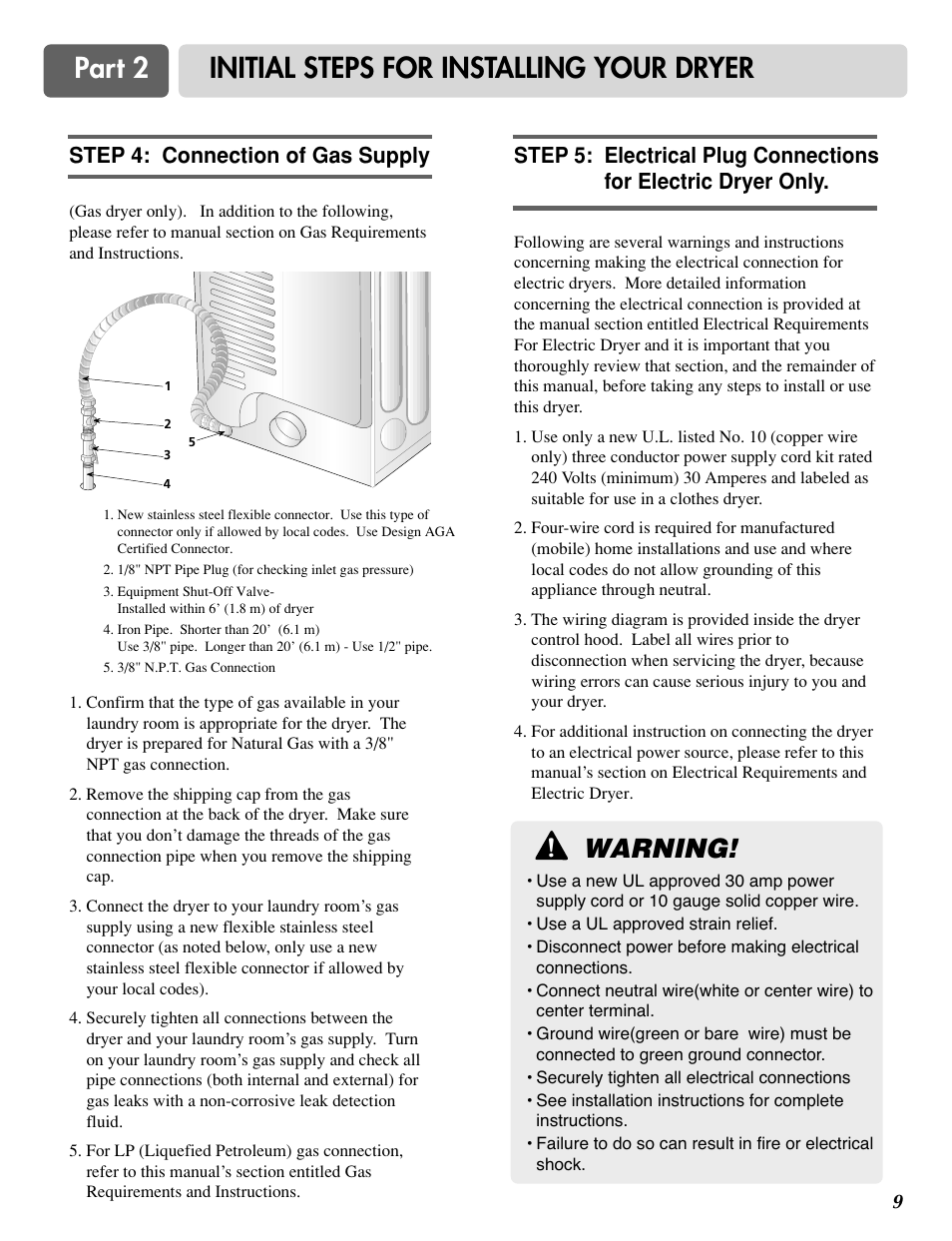 Part 2 initial steps for installing your dryer, Warning, Step 4: connection of gas supply | LG DLG0332W User Manual | Page 10 / 60
