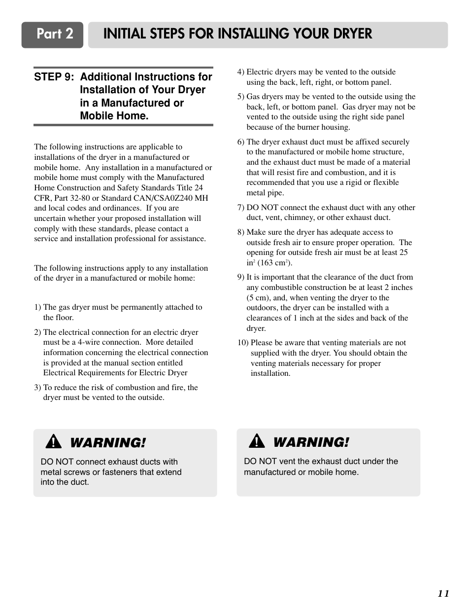 Part 2 initial steps for installing your dryer, Warning | LG DLG0332W User Manual | Page 12 / 60